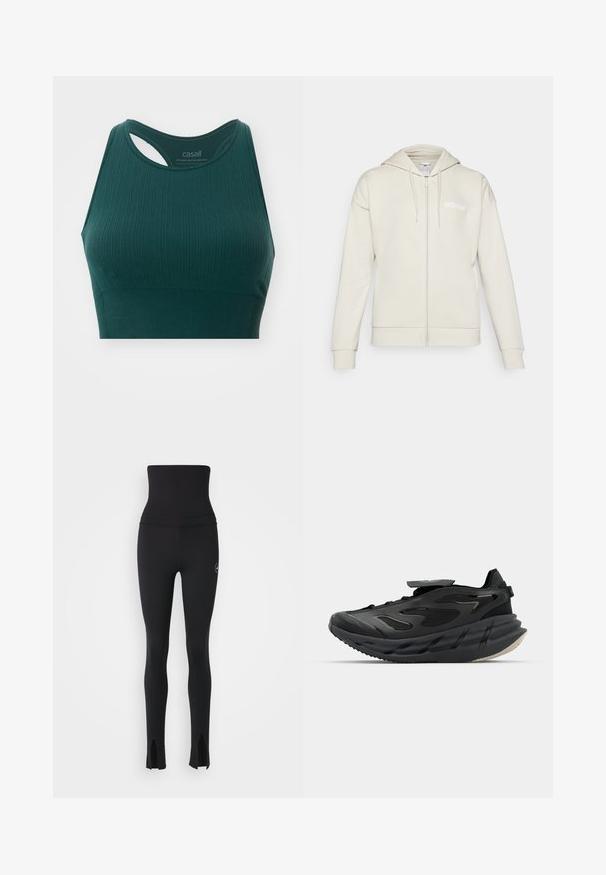 Lys beige zip-hoodie lavet af blødt stof. Har en hætte, frontlommer og et hvidt adidas-logo på venstre bryst.; Smaragdgrøn sportsbh med ribbet tekstur, der har en racerback-design og udsparingsdetalje ved halsen for bedre åndbarhed.; adidas by Stella McCartney Tights - black; adidas by Stella McCartney ADISTAR - Træningssko - core black/utility black/almond milk
