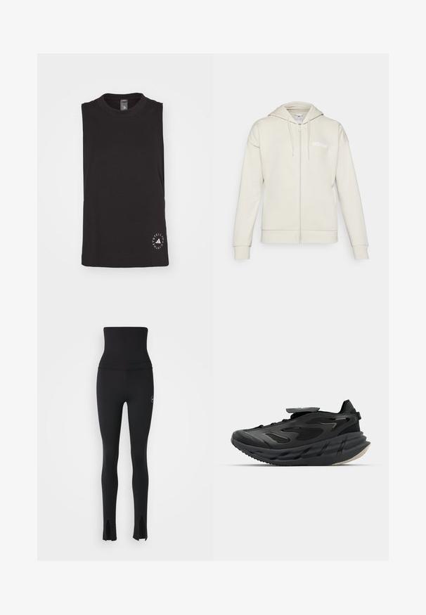 Jasno beżowa rozpinana bluza z kapturem, wykonana z miękkiego materiału. Posiada kaptur, przednie kieszenie oraz białe logo adidas na lewej piersi.; Czarny bezrękawnik wykonany z miękkiej bawełny, z okrągłym dekoltem i okrągłym logo w białym kolorze w dolnym prawym rogu.; adidas by Stella McCartney - Rajstopy; adidas by Stella McCartney ADISTAR czarny