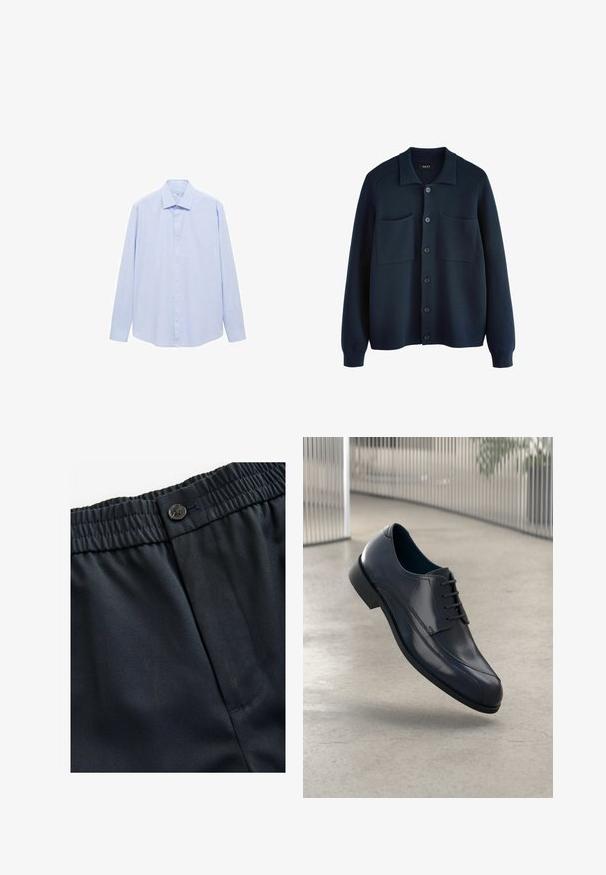 Marineblauwe gebreide cardigan met een kraag, sluiting met knopen aan de voorkant en twee opgestikte zakken. Zachte textuur en geribbelde manchetten.; Lichtblauw overhemd met lange mouwen van geweven stof, voorzien van een klassieke kraag en een volledige knoopsluiting, met een rechte snit en zonder patronen.; Marineblauwe, lichte stof met een gladde textuur. Beschikt over een elastische tailleband met een knoopsluiting en een enkele zijzak.; Glanzende zwarte leren schoenen met veters, zwevend boven een glad, lichtgrijze vloer en verticale metalen stangen op de achtergrond.