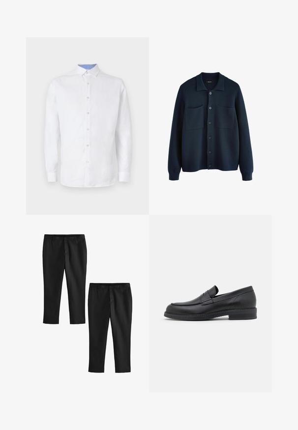 Tamsiai mėlynas megztas kardiganas su apykakle, priekyje užsegamas mygtukais ir su dviem kišenėmis. Minkšta tekstūra ir raštuoti rankogaliai.; Balta ilgomis rankovėmis marškiniai su mygtukų priekyje, turintys šviesiai mėlyną languotą raštą ant apykaklės ir rankogalių. Glotni audinio tekstūra.; Juodos pritaikytos kelnės su lygiu paviršiumi, pasižyminčios tiesiais kojų raštais ir vidutinio aukščio liemeniu. Pateikiamos dvi poros, viena trumpa.; Juodos odinės loaferiai su apvalia nosimi, siuvinėjimais ir žemu, storu kulnu. Pasižymi lygia tekstūra ir minimalistiniu dizainu.