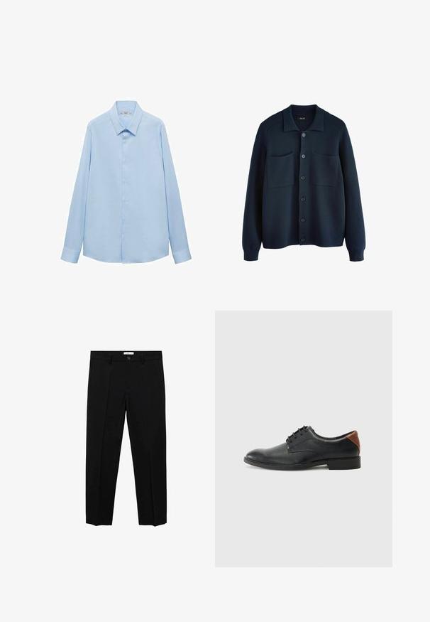 Cardigan a maglia di colore blu navy con collo a bavero, chiusura frontale con bottoni e due tasche applicate. Texture morbida e polsini a coste.; Camicia azzurro chiaro a maniche lunghe con colletto a punta, chiusura frontale con bottoni e polsini, realizzata in tessuto liscio con una trama uniforme.; Pantaloni neri su misura con taglio dritto, dotati di chiusura con un solo bottone, passanti per la cintura e pieghe frontali. Realizzati in un tessuto liscio.; Scarpe da uomo stringate in pelle nera con punta arrotondata, con un accento in pelle marrone sul tallone e una suola bassa in gomma nera.