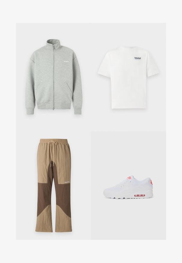 Gray zip-up sweatshirt, made of soft fabric, featuring a high collar, two front pockets, and minimal branding in white on the chest.; White cotton t-shirt featuring a blue embroidered "Timberland Rugged Active Gear" logo on the upper left chest. Short sleeves and round neck.; Brown and tan color-blocked pants with an elastic waistband, drawstring, and text logo. Made of textured fabric with a relaxed fit.; White athletic sneaker featuring a smooth upper, lace closure, cushioned sole, and a visible air unit with red accents on the branding.
