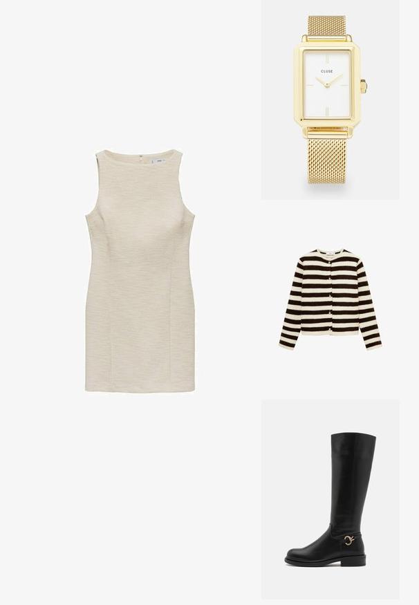 Pruhovaný cardigan s střídajícími se černými a krémovými vodorovnými pruhy, vyrobený z měkkého strukturovaného materiálu, s předními knoflíkovými zapínáními a dlouhými rukávy.; Krátké bezramínkové šaty ve světle krémové barvě, texturovaná tkanina, přiléhavý střih a rovný řez. Obsahuje zip na zádech pro zavírání.; Anna Field Wide Fit Vysoká obuv - black; Zlaté obdélníkové hodinky s bílým ciferníkem, minimalistickými číslicemi a kovovým síťovaným páskem. Obsahují boční korunku pro nastavení času.