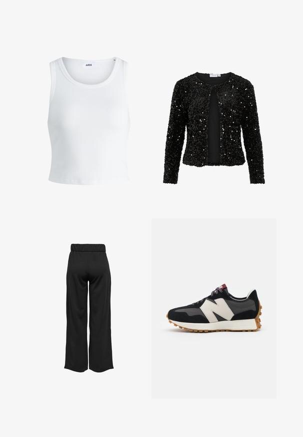 Črna bleščičasta jakna z okroglim ovratnikom in odprtim sprednjim delom, ki ima dolge rokave in strukturirano površino z sijočimi akcenti po celotni jakni.; Bela rebrasta majica brez rokavov z okroglim izrezom in krajšo dolžino. Oznaka navaja "JJXX." Gladka tekstura tkanine.; Črne hlače širokega kroja z elastičnim pasom, izdelane iz gladkega materiala. Imajo preprost dizajn brez žepov ali vidnih šivov.; Črne in sive semiš športne copate z velikim kremnim logotipom "N", vijoličastimi vezalkami in teksturiranim gumijastim podplatom.