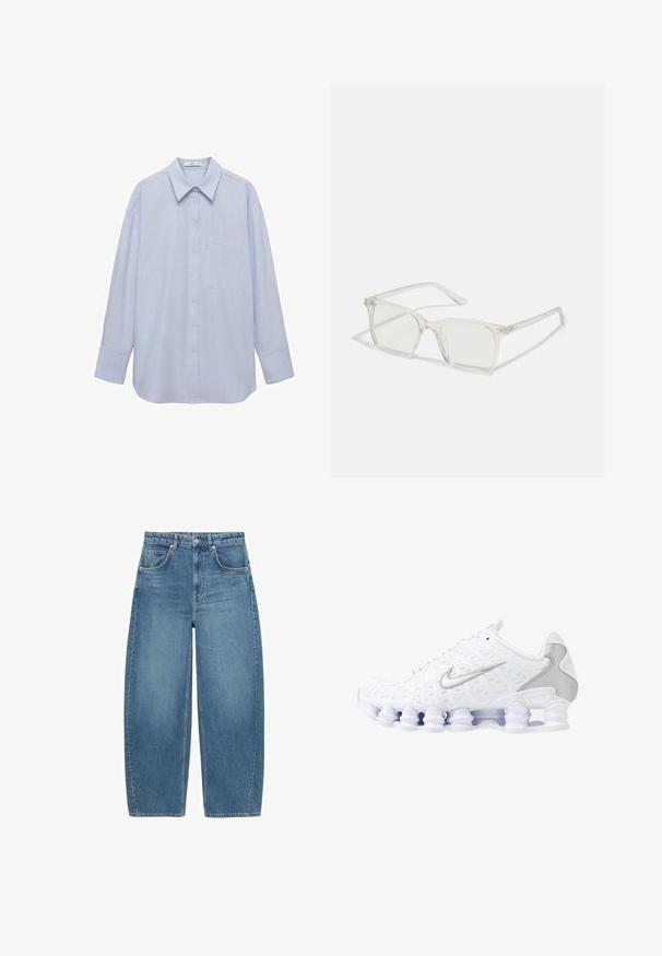 Geel zip-up hoodie met een trekkoordkap, lange mouwen en een zachte textuur; heeft een kangoeroezak aan de voorkant.; Gestreepte button-up shirt in lichtblauw en wit, met een relaxte pasvorm, lange mouwen, een kraag en een borstzak aan de linkerkant.; Blauwe hoge taille wijde jeans met voorkruiden en knoopsluiting, plat weergegeven op een witte achtergrond.; Witte sportieve schoenen met een bovenwerk van mesh, zilveren accenten en een unieke spiraalzoolontwerp. Voorzien van een gevoerd kraag en vetersluiting voor een goede pasvorm.; Heldere plastic vierkante monturen met doorzichtige glazen, gekenmerkt door gouden accenten op de slapen voor extra detail.