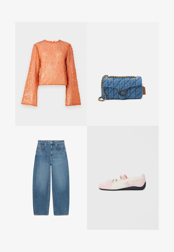 Gelbe Zip-Hoodie mit Kapuze zum Zuziehen, langen Ärmeln und einer sanften Textur; verfügt über eine Kängurutasche an der Vorderseite.; Oranges Paillettenoberteil mit langen, weit ausgestellten Ärmeln, Rundhalsausschnitt und einer strukturierten Oberfläche aus überlappenden Pailletten, die einen subtilen Glanz aufweist.; Blaue hochtaillierte weit geschnittene Jeans mit Fronttaschen und Knopfverschluss, flach auf einem weißen Hintergrund präsentiert.; Rosa Wildlederschuhe zum Hineinschlüpfen mit weißen Akzenten, Gummisohle und elastischen Riemen. Verfügt über ein strukturiertes Design und ein kleines Logo auf der Vorderseite.; Blaue gesteppte Denim-Schultertasche mit einem goldenen Kettenriemen und einem auffälligen goldenen Logoakzent auf der Vorderseite. Kompakte rechteckige Form.