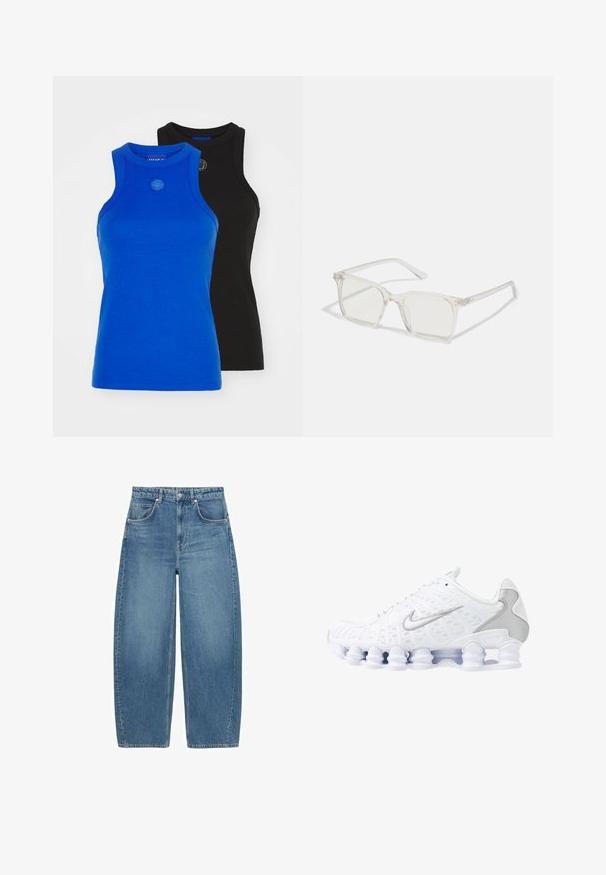 Žlutá mikina na zip s kapucí na šňůrku, dlouhými rukávy a měkkou texturou; má klokaní kapsu vpředu.; HUGO GIFT GIVING 2 PACK - Top - blue/black; Modré vysoké široké džíny s předními kapsami a zapínáním na knoflík, vystavené v ploché poloze na bílém pozadí.; Bílé sportovní boty s síťovaným svrškem, stříbrnými akcenty a unikátním designem podrážky s pružinou. Mají polstrovaný límec a šněrování pro dokonalé přizpůsobení.; Průhledné plastové brýle čtvercového rámečku s průsvitnými čočkami, které mají zlaté akcenty na spáncích pro zvýraznění detailů.; Modrá prošívaná džínsová kabelka na rameno se zlatým řetízkovým popruhem a výrazným zlatým logem na přední straně. Kompaktní obdélníkový tvar.