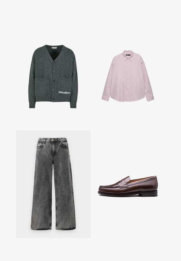 Grijze gebreide cardigan met een V-hals, vijf zwarte knopen, twee voorzakken en witte logo tekst "another" rechts onderaan.; Lichtroze button-up overhemd met verticale blauwe strepen, kraag, lange mouwen en een losse pasvorm. Gemaakt van een soepele stof met een lichte glans.; Brede zwarte denim jeans met een vervaagd uiterlijk. Voorzien van vijf zakken, een knoopsluiting en contrasterende stiksels langs de naden.; Bruine leren loafer met een verhoogde naad, platte zool en een decoratieve band over de wreef. Dankzij de gladde textuur heeft het een gepolijste afwerking.