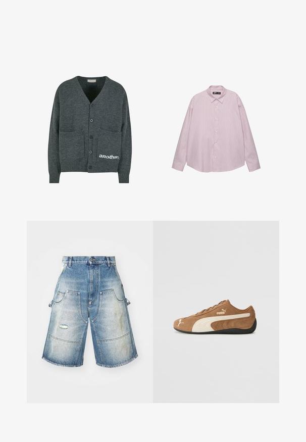 Grau gestrickte Strickjacke mit V-Ausschnitt, fünf schwarzen Knöpfen, zwei Fronttaschen und einem weißen Logo-Text "another" unten rechts.; Helles rosa Button-down-Hemd mit vertikalen blauen Streifen, Kragen, langen Ärmeln und lockerer Passform. Aus glattem Stoff mit leichtem Glanz gefertigt.; Jeansshorts in einem verblassten hellblauen Farbton, ausgestattet mit vier Taschen, einer beschädigten Detail, und einem weiten, geraden Schnitt. Verstärkte Nähte.; Braune Wildleder-Low-Top-Sneaker mit cremefarbenen Akzenten, strukturierter Oberfläche, schwarzer Gummisohle und gesticktem Logo an der Seite und Zunge.