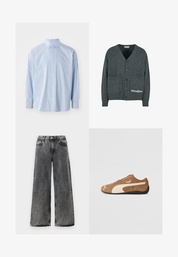 Sivano pleteno jopico z V-izrezom, petimi črnimi gumbi, dvema sprednjima žepoma in belim logotipom "another" na spodnjem desnem delu.; Svetlo modra dolgosrčna srajca s gumbi z navpičnimi črtami v temnejši modri in rjavi barvi. Ima ovratnik in žep na prsih. Iz bombažnega platna.; Široke črne denimske hlače z blagim obrabljenim videzom. Imajo pet žepov, gumbasto zapiranje in kontrastno šivanje ob šivih.; Rjave zamšaste nizke teniske s kremastimi poudarki, teksturirano površino, črnim gumijastim podplatom in izvezenim logotipom na strani in jeziku.
