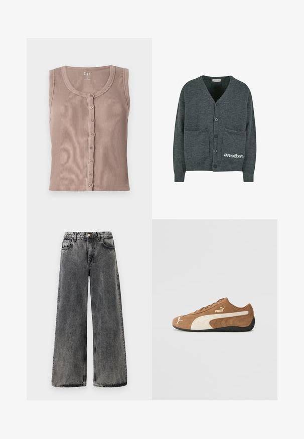 Sivano pleteno jopico z V-izrezom, petimi črnimi gumbi, dvema sprednjima žepoma in belim logotipom "another" na spodnjem desnem delu.; Rjava rebrasta top s krožnim dekoltejom in gumbi spredaj, ki ima vodoravne teksturirane črte in brez rokavov. Narejen iz mehkega materiala.; Široke črne denimske hlače z blagim obrabljenim videzom. Imajo pet žepov, gumbasto zapiranje in kontrastno šivanje ob šivih.; Rjave zamšaste nizke teniske s kremastimi poudarki, teksturirano površino, črnim gumijastim podplatom in izvezenim logotipom na strani in jeziku.