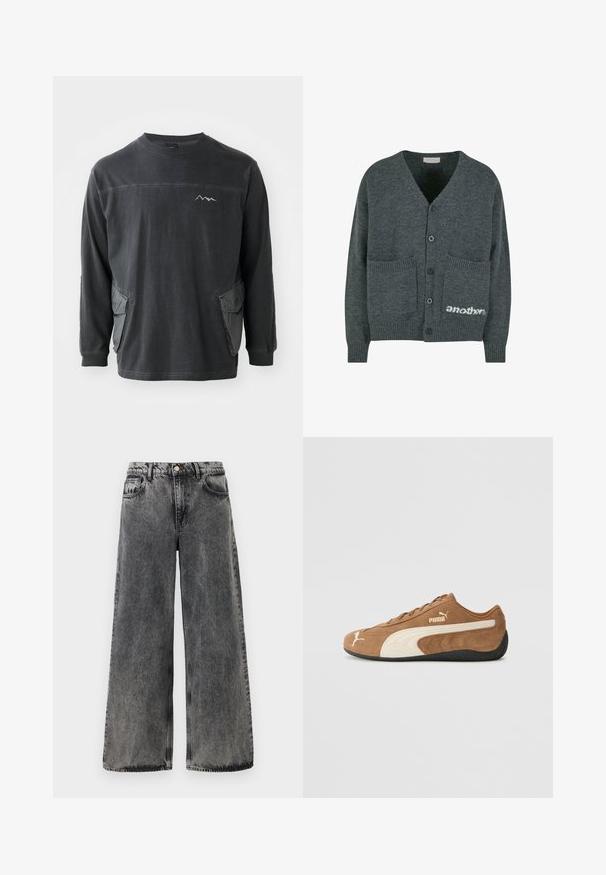 Grijze gebreide cardigan met een V-hals, vijf zwarte knopen, twee voorzakken en witte logo tekst "another" rechts onderaan.; Zwarte lange mouwen t-shirt met ronde hals. Beschikt over twee zijzakken en een bergafbeelding op de borst. Gemaakt van zachte katoen.; Brede zwarte denim jeans met een vervaagd uiterlijk. Voorzien van vijf zakken, een knoopsluiting en contrasterende stiksels langs de naden.; Bruine suède low-top sneakers met crèmekleurige accenten, een gestructureerd oppervlak, een zwarte rubberen zool en een geborduurd logo aan de zijkant en op de tong.