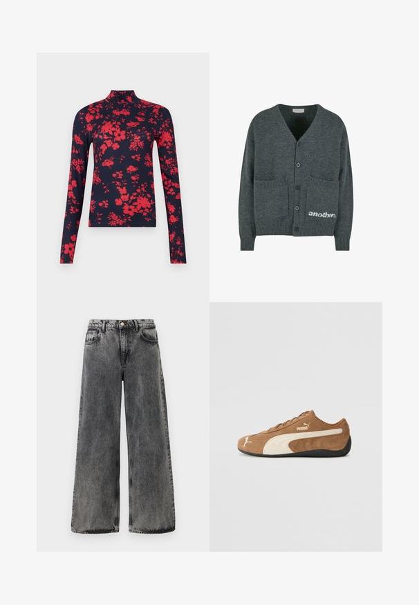 Halli kudum mantel V-kaelusega, viie musta nööbiga, kahe esiküljel oleva taskuga ning allosas paremal valge logo tekstiga "another".; Tumesinine pika varrukaga kõrge kaelusega T-särk, millel on punane lillemuster, sobiv disain ja pehme tekstuur, kõrge kaelus ja kitsas lõige.; Laiad mustad teksad, millel on kulunud viimistlus. Omavad viit taskut, nööp kinnitust ja kontrastset õmblust õmblustel.; Pruun sametist madala profiiliga tennis ногавики kreemi tooni detailidega, tekstureeritud pind, must kummist tallaga ja broderitud logo külje ja keele peal.