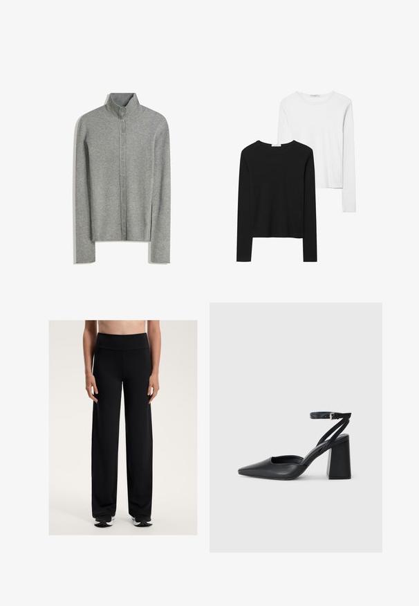 Svijetlosivi rebrasti kardigan s visokim ovratnikom, s prednjim zatvaranjem na gumbe i dugim rukavima. Mekana tekstura s uskim krojem.; Crne i bijele majice dugih rukava, s okruglim izrezima, mekanim materijalom i uskim krojem sa ravnim rubovima.; Crne široke atletske hlače s visokim pojasom. Napravljenje od glatkog, rastezljivog materijala, s opuštenim krojem i suptilnom teksturom.; Crne kožne cipele s špicastim vrhom, remenom oko gležnja i debelim potplatom. Ravna tekstura, elegantan dizajn i minimalistička estetika.
