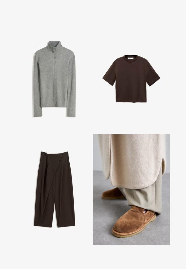 Svetlo siva rebrasta jopica z visokim ovratnikom, ki ima spredaj gumbe in dolge rokave. Mehka tekstura z oprijetim dizajnom.; Braun majica s kratkimi rokavi, izdelana iz mehkega bombaža. Ima okroglo ovratnico in širok kroj, z gladko teksturo in brez vidnih vzorcev.; Temno rjave široke hlače z visokim pasom, ki imajo en gumb za zapiranje in zamaščen sprednji del. Narejene so iz lahkega blaga.; Rjave semiš copate z zaobljenim nosom, gumijastim podplatom in stranskimi izrezi, v kombinaciji s svetlo bež krojenimi hlačami.