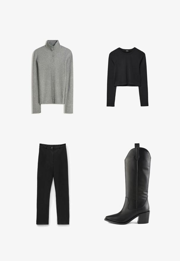 Hellgrauer gestreifter Cardigan mit hohem Kragen, der eine durchgehende Knopfleiste und lange Ärmel hat. Weiche Textur mit schmaler Passform.; Schwarzes, langärmliges, kurz geschnittenes Oberteil mit Rundhalsausschnitt, schlichter Gestaltung und leicht abgerundetem Saum.; Schwarze Hose aus glattem Stoff mit geradem Bein. Verfügt über einen Knopfverschluss und einen standardmäßigen Bund. Keine sichtbaren Muster oder Akzente.; Schwarze Lederkniehohe Stiefel mit spitzem Schuh und Blockabsatz, sowie dekorativen Nähten. Glatte Textur mit leichtem Glanz.