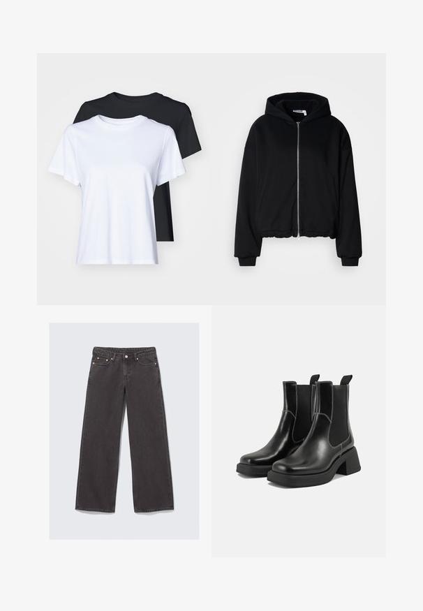 Mustat hupparitakkit, jotka on valmistettu pehmeästä kankaasta. Ominaisuuksiin kuuluu rento istuvuus, ribbauskiristykset ja kerätty helma. Ei näkyviä kuvioita tai logoja.; Kaksi lyhythihaista t-paitaa mustana ja valkoisena, sileästä puuvillasta valmistettuja, joissa on klassinen pyöreä pääntie ja normaali istuvuus.; Silejøse bukser laget av mørkegrå denim. Funksjoner inkluderer høy midje, kobberbeslag og klassisk fem-lomme design.; Mustat nahkaiset Chelsea-kengät paksulla korolla, joustavilla sivupaneeleilla ja kontrastilla valkoisella ompelulla. Teksturoitu pinta.