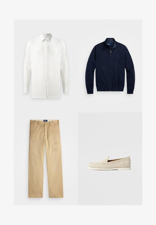 Marineblå zip-jakke, laget av mykt stoff. Har en stående krage, ribbestrikkede ermer, og en liten brodert logo på venstre bryst.; Hvit langermet skjorte med tynne vertikale striper, knappelukking, spiss krage og mansjettdetaljer. Laget av lett stoff.; Beige bomullsbukser med rett snitt. Har slitte lapper og broderte detaljer foran. Klassisk knapp- og glidelås-lukking.; Polo Ralph Lauren MERTON VENETIAN LOAFER - Mokkasiner - milkshake