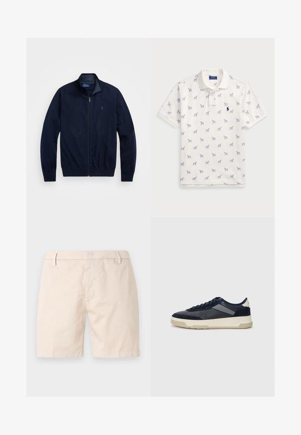 Tume sinise värvi lukuga jakki, mis on valmistatud pehmest kangast. Omab püsti kaela, ribatud hõlmaotsasid ja väikest tikandiga logo vasakul rinnaosal.; Valge puuvillane polo särk, millel on korduv sinine koera muster ja väike sinine logo rinnal. Lühikesed varrukad ja krae.; Beeži puuvillased lühikesed püksid otsekärpega, nööpmediate, vööaasad ja küljetaskud. Sile tekstuur ja lihtne disain.; BOSS BALTIMORE - Tossud - open blue