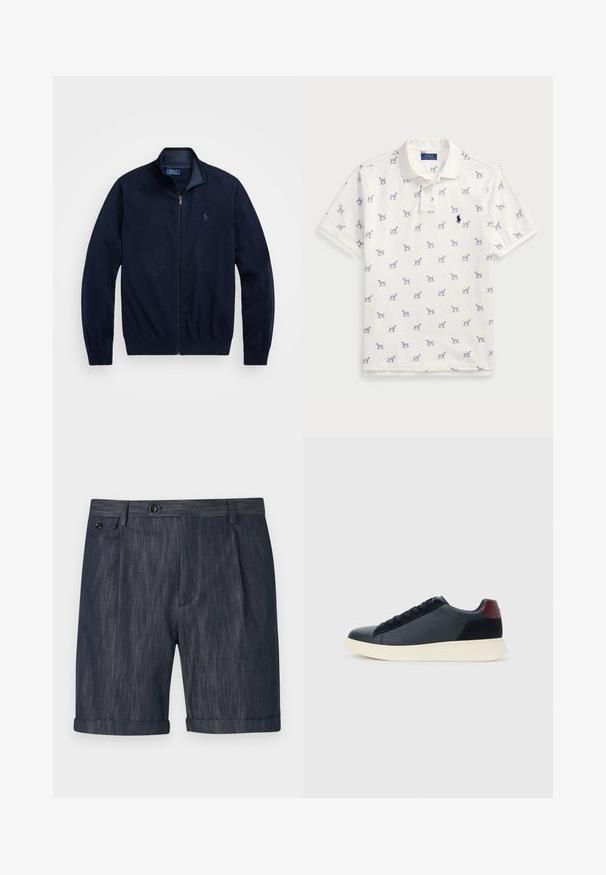 Mornarska jakna s patentnim zatvaračem, izrađena od mekane tkanine. Ima uspravni ovratnik, rebraste rukave i mali izvezeni logo na lijevoj strani prsa.; Bijela polo majica od pamuka, na kojoj se nalazi ponovljeni plavi uzorak pasa i mali plavi logo na prsima. Kratki rukavi i ovratnik.; Tamno plave hlače kratke, izrađene od teksturirane tkanine, s preklopnim rubom, prednjim nabranjima i jednim dugmetom za zatvaranje na pojasu.; Niske muške tenisice od crne kože i antilopa s bordo petnom oznakom i bijelim gumenim potplatom, prikazane s vanjske strane.