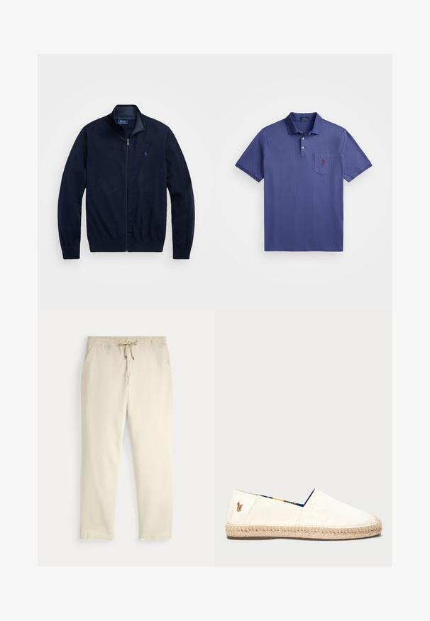 Mornarji zadrgo jopič, narejen iz mehkega blaga. Ima pokončno ovratnico, rebraste manšete in majhen vezen logotip na levi prsni strani.; Vijolična polo majica iz bombaža, s tremi gumbi na zapenjanju, kratkimi rokavi in predsunkom na prsih z rdečo vezenino logotipa.; Off-white prazne hlače s elastičnim pasom in vrvico, ravne noge in stranske žepke na enobarvni podlagi.; Platneni espadril v off-white barvi z vrvno podlago. Ima modro vzorčasto podlogo in majhen vezen logotip na peti.