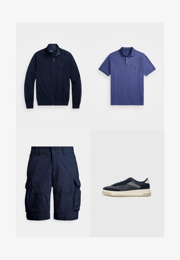 Marineblå zip-jakke, laget av mykt stoff. Har en stående krage, ribbestrikkede ermer, og en liten brodert logo på venstre bryst.; Lilla polo-skjorte laget av bomull, med en tre-knapps placket, kortermede ermer, og en brystlomme med rødt logo-broderi.; Mørkeblå cargoshorts i slitesterkt stoff, med sidelommer, knappeåpning og sømdetaljer for tekstur.; BOSS BALTIMORE - Joggesko - open blue