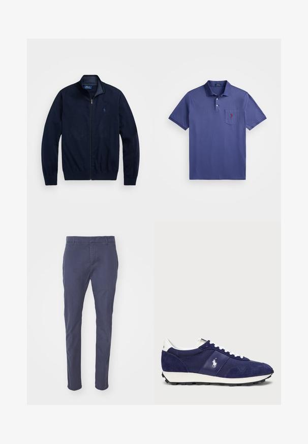 Tengerészeti zipzáras dzseki, puha anyagból készült. Álló gallérral, bordázott mandzsettákkal és egy kisebb, hímzett logóval rendelkezik a bal mellen.; Lila pólóing, pamutból készült, háromgombos légzéssel, rövid ujjal és egy mellzsebbel, amelyen piros logó hímzés található.; Sötétkék, slim fit nadrág, könnyű pamutból készült. Övvárakat, oldalsó zsebeket és sima felületet tartalmaz.; Tengerészkék tornacipő, amely velúr és textil kombinációjából készült, fehér fűzőkkel, gumitalppal és egy kis logóval az oldalán.