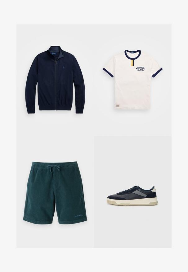 Jūras zilas krūšu jaka ar rāvējslēdzēju, izgatavota no mīkstas auduma. Tam ir pacelts apkakle, riboti piedurknes un neliela izšūta logo kreisajā krūtī.; Balta kokvilnas T-kreklu ar tumši zilu apaļu kakla izgriezumu un piedurkņu akcentiem. Iezīmē mazu dzeltenu pogu detaļu un izbordētu "NORTHEAST RL ATHL."; Tumši tējas zaļš korduroja peldbikses ar elastīgu jostasvīru un auklu. Uz apakšējā labā kājas ir logo. Gluda tekstūra, līdz ceļiem garums.; BOSS BALTIMORE - Sporta apavi - open blue