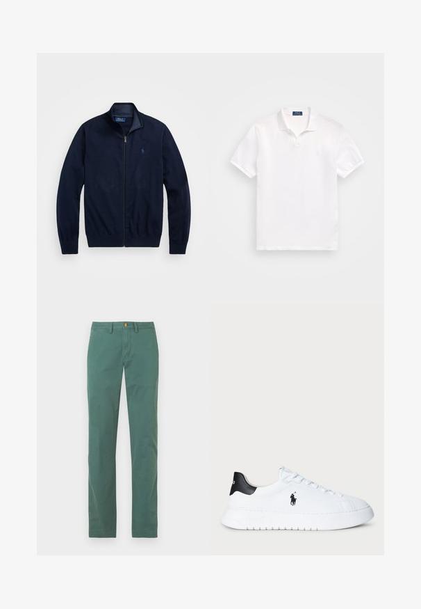 Granatowa kurtka zapinana na zamek, wykonana z miękkiego materiału. Posiada stójkę, ściągacze na rękawach i małe haftowane logo po lewej stronie klatki piersiowej.; Biała koszulka polo z bawełny, z klapką na dwa guziki, krótkimi rękawami i subtelnym logo na lewej piersi. Gładka tekstura.; Zielone bawełniane spodnie o prostych nogawkach, z guzikiem z przodu i szlufkami na pasek. Gładka faktura bez widocznych wzorów.; Białe niskie trampki z czarnym futerkiem na pięcie i czarnym logo Polo Ralph Lauren z boku, z białymi sznurówkami i grubą gumową podeszwą.