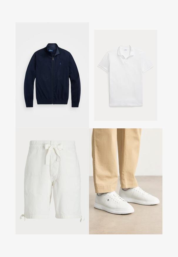 Tengerészeti zipzáras dzseki, puha anyagból készült. Álló gallérral, bordázott mandzsettákkal és egy kisebb, hímzett logóval rendelkezik a bal mellen.; Fehér, pamutból készült galléros póló. Klasszikus gallérral, rövid ujjakkal és mellkason hímzett logóval rendelkezik. Simogató, könnyű textúra.; Fehér pamut rövidnadrág, derékon megkötős pánttal, felgöngyölt szárakkal és lapos elülső zsebekkel. Sima, könnyű szövet textúra.; Fehér bőr sportcipők sima felülettel, kerek orral, fűzős kivitelben, oldalt diszkrét logóval, bézs nadrággal párosítva.