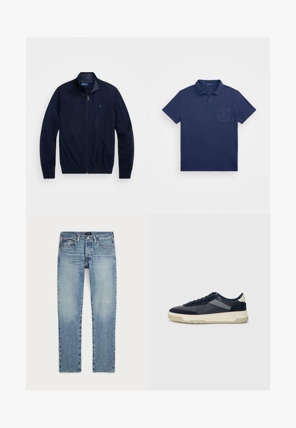 Marineblaues Zip-Jackett aus weichem Stoff. Mit Stehkragen, gerippten Säumen und einem kleinen gestickten Logo auf der linken Brust.; Marineblaue Polo-Shirt mit kurzem Kragen, einer Brusttasche und einem gestickten Logo. Hergestellt aus einem weichen, strukturierten Stoff.; Hellblaue Denim-Jeans mit geradem Bein, ausgestattet mit einem verwaschenen Look, dezenten Abnutzungen und dem klassischen fünf-Taschen-Design.; BOSS BALTIMORE - Sneaker low - open blue