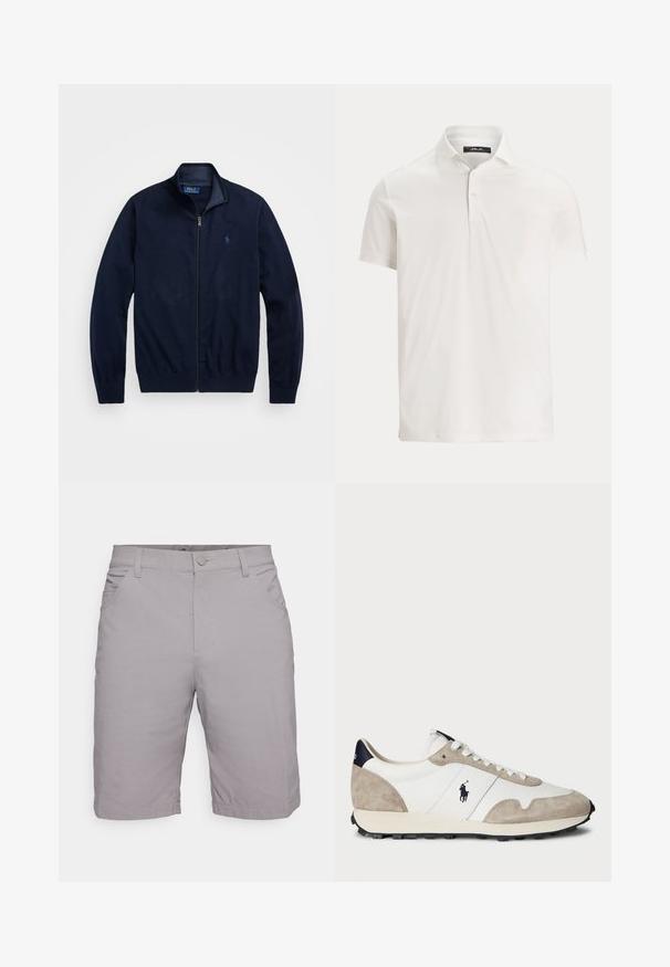 Mornarska jakna s patentnim zatvaračem, izrađena od mekane tkanine. Ima uspravni ovratnik, rebraste rukave i mali izvezeni logo na lijevoj strani prsa.; Muška bijela polo majica s kratkim rukavima, ovratnikom, s dva gumba i suptilnom logotipom na unutarnjem dijelu ovratnika.; Sivi pamučni šorts s ravnim krojem, s kopčanjem na dugme, petljama za remen i prednjim džepovima. Glatka tekstura i minimalni detalji šivanja.; Bijeli i bež nubuk tenisice s crnom gumom potplatom i Polo logotipom sa strane, prikazane sa vanjske strane na bijeloj pozadini.