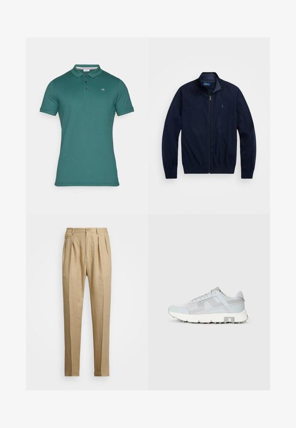 Tengerészeti zipzáras dzseki, puha anyagból készült. Álló gallérral, bordázott mandzsettákkal és egy kisebb, hímzett logóval rendelkezik a bal mellen.; Zöld pólóing, pamut keverékből készült, klasszikus gallérral, három gombos záródással és Diszkrét CK logóval a bal felső mellkason.; Beige vászon nadrág egyenes szabással, két első redővel, gombos záródással és oldalzsebekkel. Tömör textúrájú anyag sima felülettel.; Világoskék sportcipők, hálós felső résszel, texturált betétekkel és fehér gumitalppal. Jellemzője a lapos fűző és a párnázott boka része.