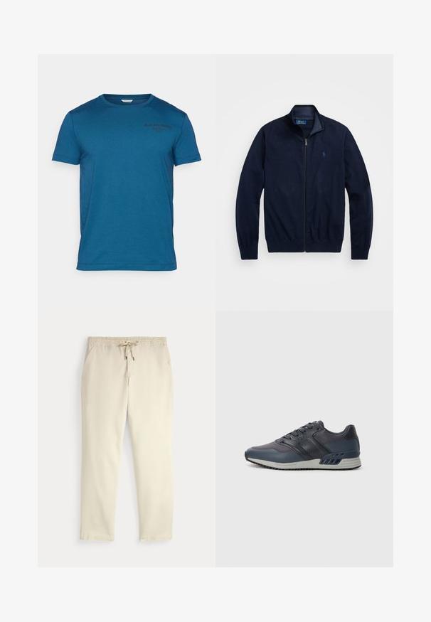 Jūras zilas krūšu jaka ar rāvējslēdzēju, izgatavota no mīkstas auduma. Tam ir pacelts apkakle, riboti piedurknes un neliela izšūta logo kreisajā krūtī.; Zila kokvilnas t-krekls ar īsām piedurknēm, apaļu kakla izgriezumu un mazu melnu zīmolu logotipu uz kreisās krūtis.; Off-white ikdienas bikses ar elastīgu jostu un auklu, taisnām kājām un sānu kabatām uz vienkārša fona.; Vīriešu sporta apavi tumši jūras zilā krāsā ar sietu un sintētisku augšdaļu. Ievērojams ar auklu dizainu, polsterētu apkaklīti un gumijas zoli ar teksturētu saķeri.