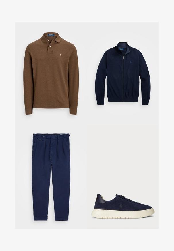 Marinblå zip-jacka, tillverkad av mjukt tyg. Har en ståkrage, ribbade ärmslut och en liten broderad logga på vänster bröst.; Brun långärmad polo i mjuk tyg med spetsig krage, tvåknappsslutning och broderad logotyp på vänster bröst.; Marina chinos i bomull, med rak benmodell, framfickor, knäppning och upprullade muddar. Slät textur med minimalistisk design.; Mörkblå mocka låg top sneaker med en strukturerad yta, gummisula och tonade snören, med en liten logotyp på sidan och hälen.