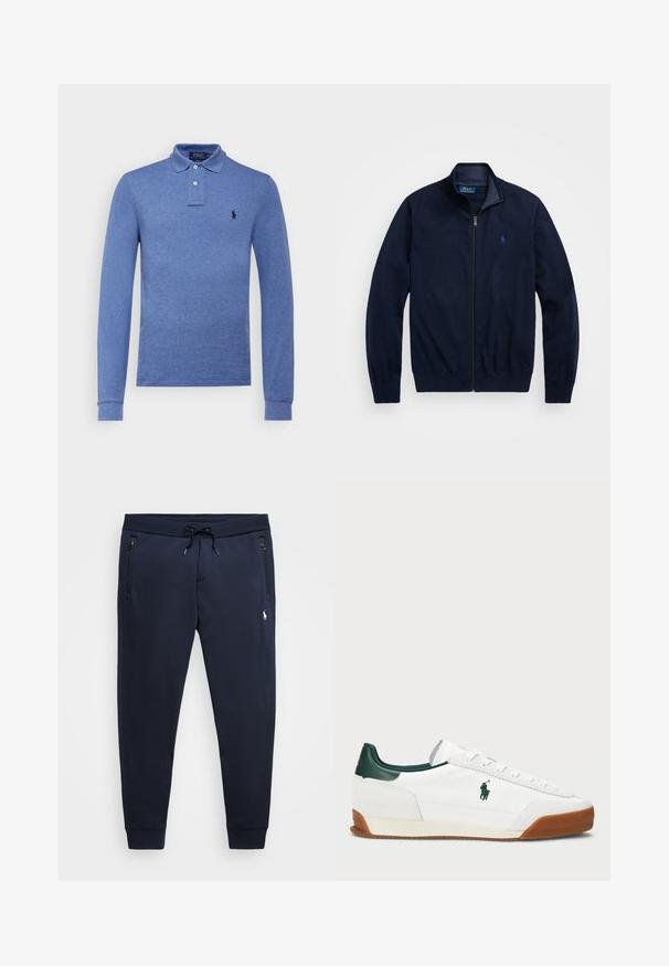 Jaqueta azul-marinho com fecho zip, feita de um tecido suave. Apresenta um colarinho elevado, punhos ribateados e um pequeno logótipo bordado no lado esquerdo do peito.; Polo Ralph Lauren LONG SLEEVE - Camisola de manga comprida - faded royal heather; Calças de fato de treino azul-marinho, feitas de uma mistura de algodão suave, com cintura ajustável, bolsos com fecho éclair e um pequeno logótipo na coxa esquerda.; Sapatilha branca com detalhes em pele verde e sola em borracha bege. Apresenta um corpo em tecido e um logótipo proeminente na lateral. Design com atacadores.
