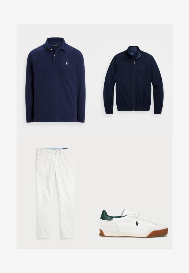 Námornícka zipová bunda vyrobená z mäkkej tkaniny. Obsahuje stojatý golier, rebrované manžety a malé vyšívané logo na ľavej hrudi.; Námornícky modré polo tričko s dlhým rukávom a golierom, so zaobleným strihom, dvoma bielymi gombíkmi a malým bielym vyšitým logom koňa a jazdca na ľavej hrudi.; Biele chinos vyrobené z bavlny, s plochým predným dielom, pútkom na opasok, dvoma bočnými vreckami a jedným zadným vreckom. Hladká textúra s rovnými nohavicami.; Biele tenisky s zelenými koženými akcentmi a hnedou gumovou podrážkou. S tkaninovým telom a výrazným logom na boku. Šnurovanie.