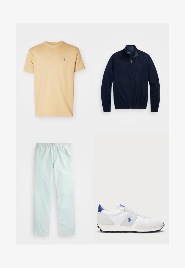 Námořnická zipová bunda vyrobená z jemné tkaniny. Má stojáčkový límec, ribbed manžety a malé vyšívané logo na levé hrudi.; Krátký rukáv žluté bavlněné tričko s kulatým výstřihem a malým výšivkovým logem na levé části hrudi. Měkká, hladká textura.; Světle modré, volně střižené kalhoty s elastickým pasem, se bočními kapsami a jediným zapínáním na knoflík vpředu.; Bílé atletické tenisky se šedými semišovými akcenty, vrchní část z yesu, modrý pata a černá gumová podrážka. Disponují šněrováním a logem.