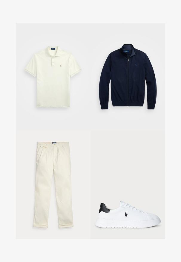 Marineblå zip-jakke, laget av mykt stoff. Har en stående krage, ribbestrikkede ermer, og en liten brodert logo på venstre bryst.; Polo Ralph Lauren CUSTOM SLIM FIT SOFT COTTON POLO SHIRT - Poloskjorter - parchment cream; Kremfargede kordfløyelsbukser med folder, sidelommer, knapplomme med klaff og brettede mansjetter, lagt flatt på hvit bakgrunn.; Hvit lavt beskåret sneaker med svart hælflik og svart Polo Ralph Lauren-logo på siden, med hvite lisser og tykk gummisåle.