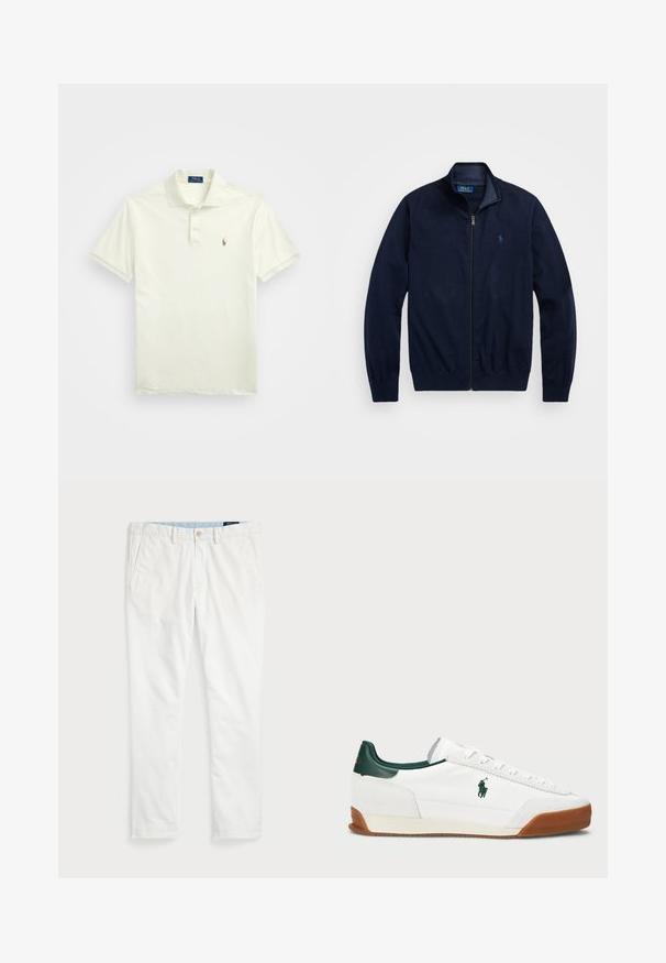 Jūras zilas krūšu jaka ar rāvējslēdzēju, izgatavota no mīkstas auduma. Tam ir pacelts apkakle, riboti piedurknes un neliela izšūta logo kreisajā krūtī.; Polo Ralph Lauren CUSTOM SLIM FIT SOFT COTTON POLO SHIRT - Polo krekls - parchment cream; Baltās kokvilnas chinos bikses ar gludu priekšu, jostu cilpām, divām sānu kabatām un vienu aizmugures kabatu. Gluda tekstūra ar taisnu kāju.; Baltas sporta apavi ar zaļiem ādas akcentiem un brūnu gumijas zoli. Iezīmēts ar auduma virsmu un izteiktu logotipu sānos. Ar auklām.