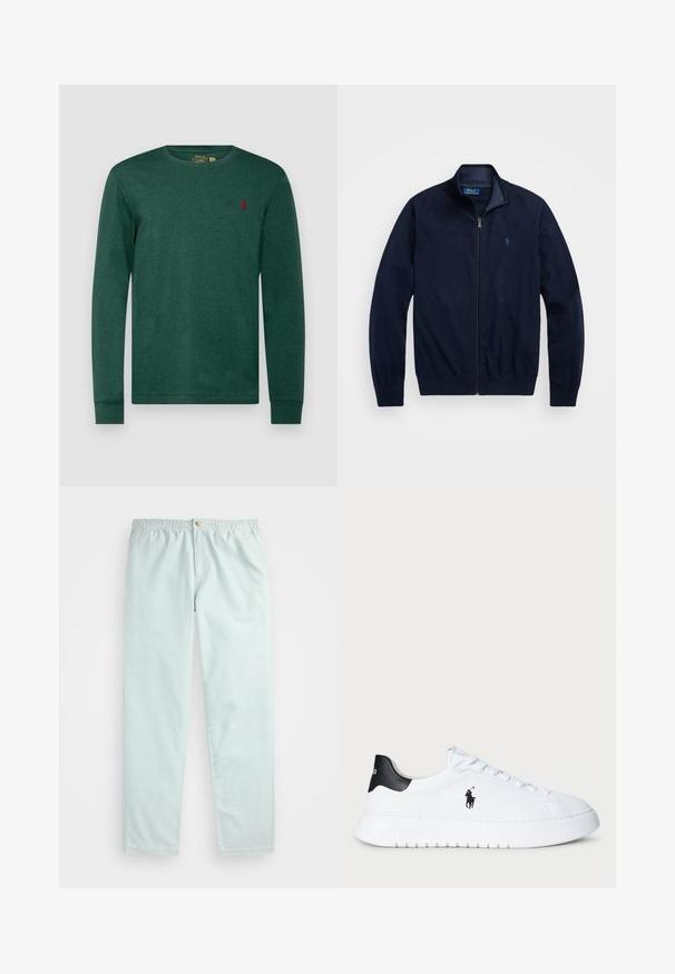 Navy zip-up jacket, made of soft fabric. Features a stand-up collar, ribbed cuffs, and a small embroidered logo on the left chest.; Polo Ralph Lauren CUSTOM SLIM JERSEY LONG-SLEEVE T-SHIRT - Long sleeved top - scotch pine heather; Light blue, relaxed-fit trousers with an elastic waistband, featuring side pockets and a single button closure at the front.; White low-top sneaker with black heel tab and black Polo Ralph Lauren logo on side, featuring white laces and thick rubber sole.