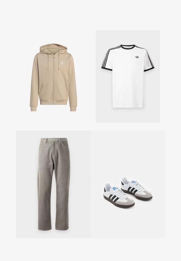 Hanorac bej cu fermoar și glugă, realizat din țesătură moale. Are un buzunar frontal, glugă cu șnur și un mic logo alb pe piept.; Tricou alb din bumbac cu guler și mâneci ribbate negre, având trei dungi negre pe fiecare umăr și un mic logo pe piept.; Pantaloni din corduroy gri, cu croială dreaptă, având talie înaltă, buzunare frontale și o textura subtilă cu nervuri verticale.; Încălțăminte sport cu un superior din piele albă, vârf din suede gri și trei dungi negre. Prezintă un logo albastru pe limbă și o talpă din cauciuc texturat.
