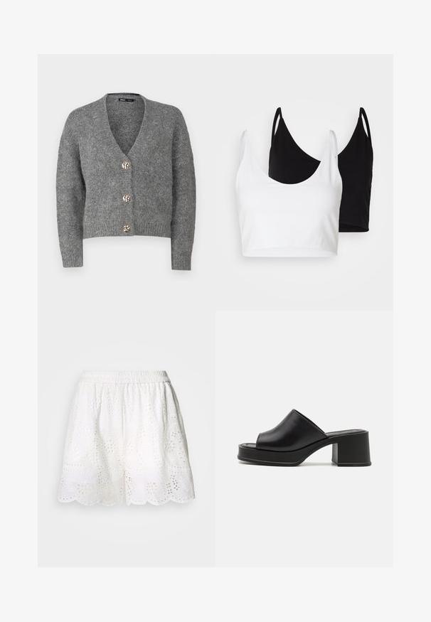 ONLY Petite ONLZOEY CARDIGAN - Gilet - dark grey melange; Deux tops courts en coton, l'un blanc et l'autre noir. Chacun a un décolleté plongeant et des fines bretelles, offrant une texture lisse et douce.; Cras Short - white; Mules à plateforme en cuir noir avec un bout ouvert rond, un petit talon carré et une texture lisse. Design minimaliste avec des lignes épurées.