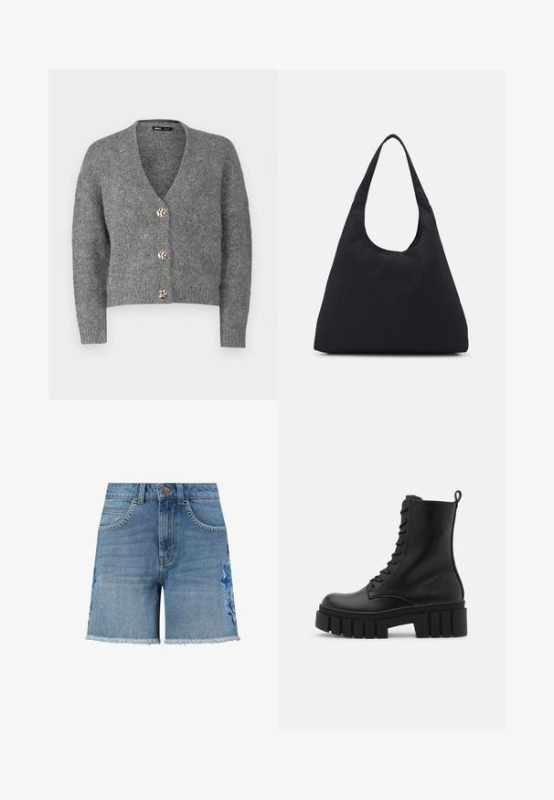 ONLY Petite ONLZOEY CARDIGAN - Kardiganas - dark grey melange; Even&Odd Petite 2 PACK - Viršus - light grey/black; Šviesiai mėlynos džinsinės šortai su nusiskynimu apačioje. Kairėje pusėje puošti gėlių siuvinėjimu ir kontrastingomis siūlėmis prie kišenių.; Juodos odinės kulkšnės botai su masyviu, dantytu padu, raištelių užsegimu priekyje ir kilpeliu ant sklandaus balto fono.; Juodas audinio krepšys su plačiu peties diržu. Minkšta, pusiau struktūrizuota forma ir lygus paviršius; minimalus dizainas, be matomo įrangos.; Aukso auskarai su lygiu, blizgiu paviršiumi. Apvalus dizainas su maža užrakto dalimi ir skaidria atrama saugiam nešiojimui.