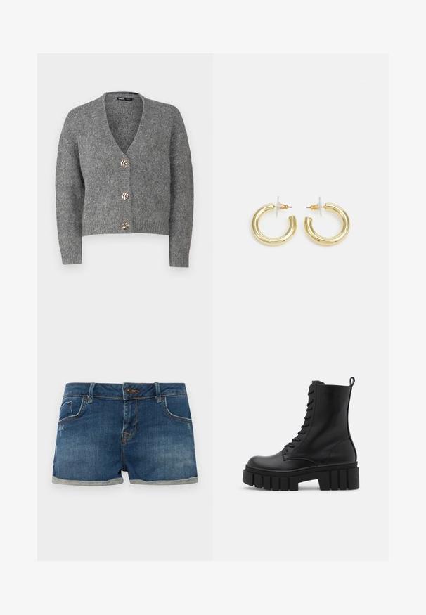 ONLY Petite ONLZOEY CARDIGAN - Adīta jaka - dark grey melange; Even&Odd Petite 2 PACK - Tops - light grey/black; Denimu šorti, tumši zila mazgāšana, piecu kabatu dizains, paaugstinātas apakšmalas, viens pogu aizvēršanas mehānisms, kontrastējoša dūkošana, viegla izbalēšana auduma tekstūrā.; Melnas ādas potītes zābaki ar masīvu, rievojumu zoli, auklu aizdari un vilces cilpu uz gludas baltas fona.; Zelta auskari ar gludu, spīdīgu apdari. Apaļš dizains, kas ietver mazu tapu un caurspīdīgu pamatni drošai valkāšanai.