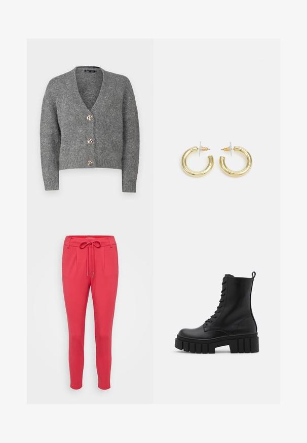 ONLY Petite ONLZOEY CARDIGAN - Casaco de malha - dark grey melange; Even&Odd Petite 2 PACK - Top - light grey/black; ONLY Petite ONLPOPTRASH LIFE EASY - Calças - viva magenta; Bota ankle de couro preto com sola robusta e estriada, frente com atacadores e alça na parte de trás, sobre fundo branco liso.; Brincos em argola dourados com um acabamento liso e brilhante. Design circular com um pequeno pino e suporte transparente para um uso seguro.