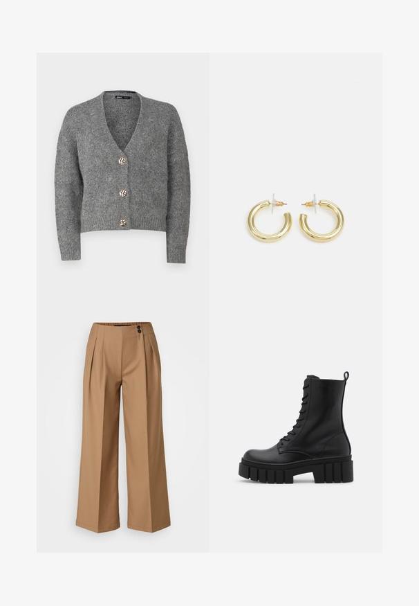 ONLY Petite ONLZOEY CARDIGAN - Kardigán - dark grey melange; Even&Odd Petite 2 PACK - Felső - light grey/black; Barna, bő szabású nadrág pliszírozással, sima felülettel, két elülső zsebbel és két díszgombbal a derékrészen.; Fekete bőr bokacsizma vastag, bordázott talppal, fűzős elülső résszel és húzófüllel sima fehér háttérrel.; Arany fülbevalók sima, fényes felülettel. Kör alakú dizájn, amely kis kapoccsal és átlátszó tartozékkal rendelkezik a biztonságos viselés érdekében.