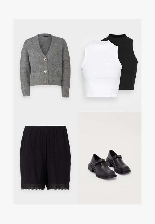 ONLY Petite ONLZOEY CARDIGAN - Cardigan - dark grey melange; Two sleeveless ribbed turtleneck tops in black and white, featuring a fitted design and smooth texture, with cropped length.; Black cotton shorts with an elastic waistband and scalloped hem featuring perforated detailing at the edges. Soft and lightweight fabric.; Black leather shoes with a rounded toe, flat sole, and a strap with a buckle detail. Chunky block heel for added stability.
