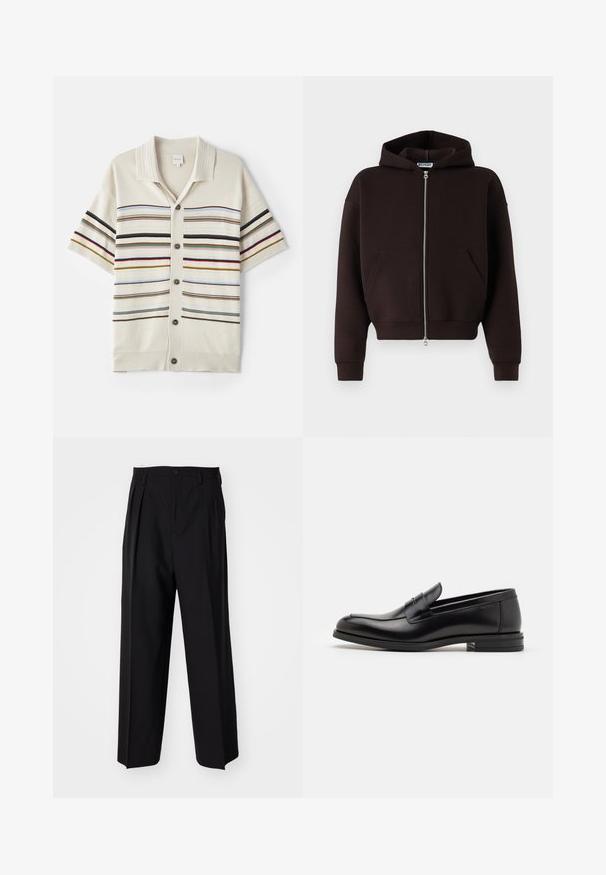 Brown zip-up hoodie gemaakt van zacht materiaal, met een capuchon met trekkoord, frontzakken en geribbelde manchetten en onderrand.; Korte mouwen, crèmekleurige gebreide cardigan met knoopsluiting, voorzien van horizontale strepen in verschillende kleuren en een geribde kraag en manchetten.; Zwarte geplooide broeken met een rechte, brede pijpontwerp. Gemaakt van soepele stof, met een knoopsluiting en riemlussen.; Zwarte leren instappers met een gladde textuur, ronde neus en een decoratieve band over de wreef. Lage, gestapelde hak en minimalistisch ontwerp.