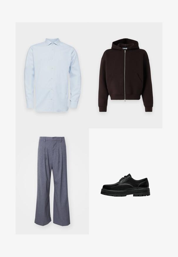 Barna cipzáros kapucnis sweatshirt, puha anyagból készült, húzózsinórral ellátott kapucnival, elülső zsebekkel és bordázott mandzsettákkal és aljjal.; Világoskék, hosszú ujjú ing, hegyes gallérral, gombos előlappal és finom kockás mintával. Simaszerű anyagból készült, struktúrált szabással.; Szürke csíkos nadrág széles lábakkal, elöl pliszírozva és sima textúrával. Nincsenek látható fémrészek vagy kiegészítők.; Fekete bőr, fűzős cipő lekerekített orral, texturált felülettel és vastag gumitalppal, mély barázdákkal a tapadásért.